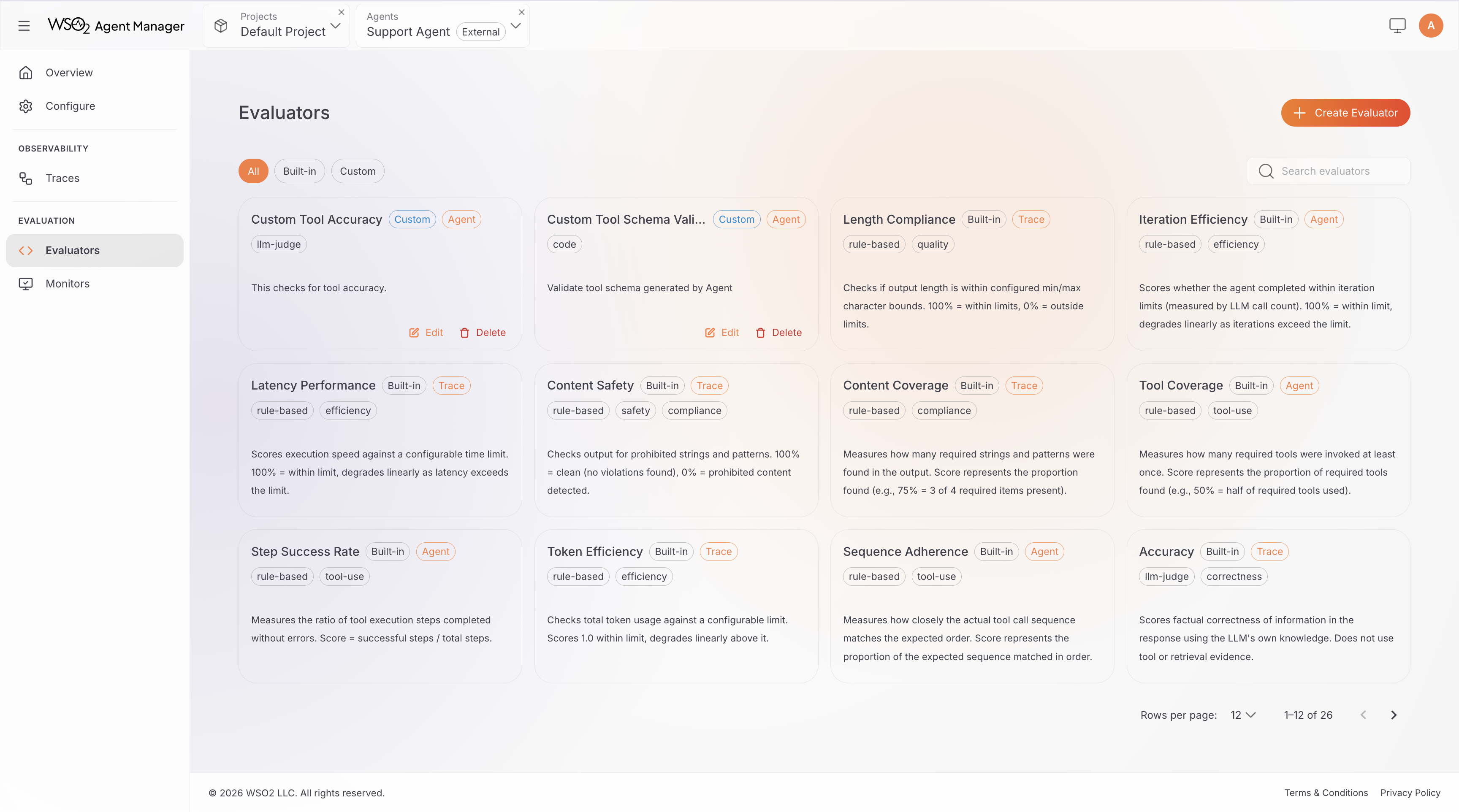 Evaluators list with Create Evaluator button