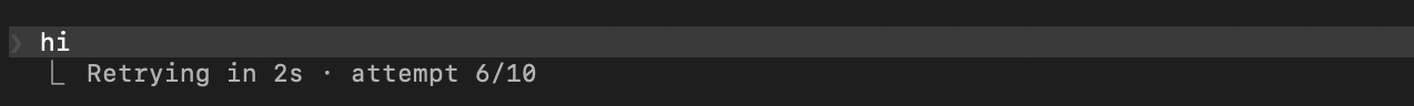 Claude Code terminal showing prompt retrying with message "Retrying in 2s attempt 6/10" after rate limit reached