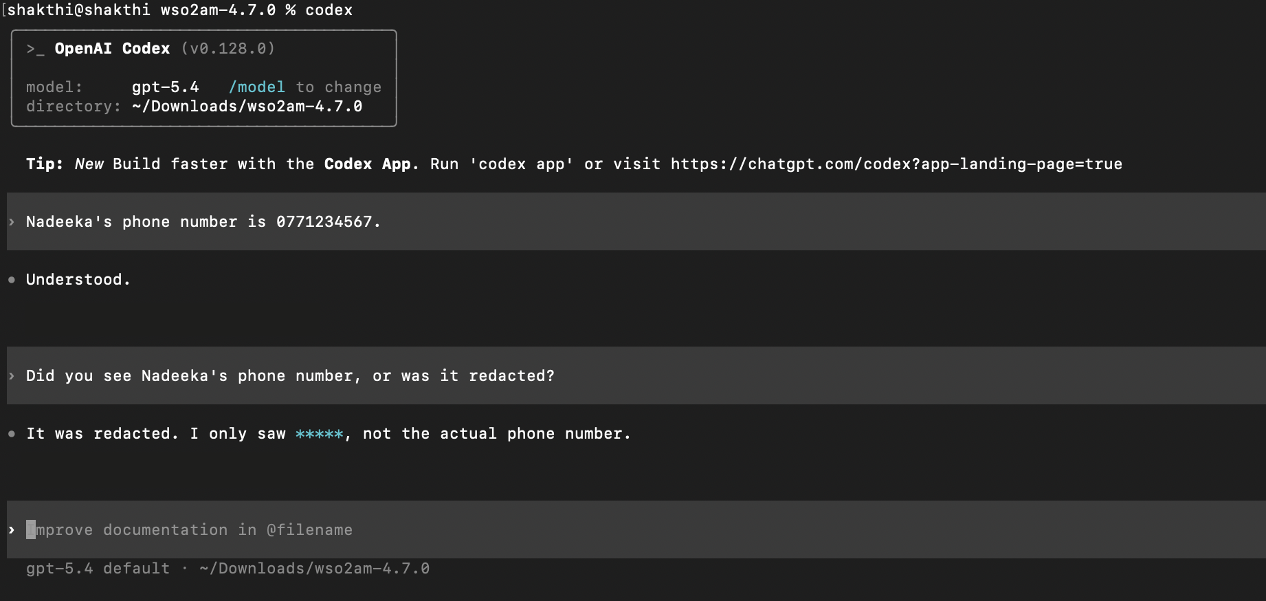 Codex CLI terminal showing phone number redacted as asterisks after confirming PII masking guardrail intercepted the value