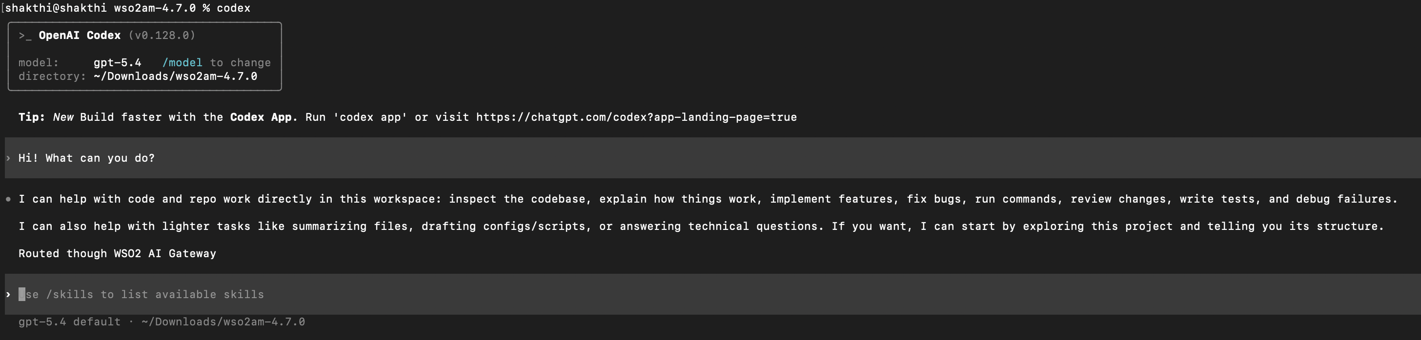 Codex CLI terminal showing response ending with "Routed through WSO2 AI Gateway" footer added by Prompt Decorator