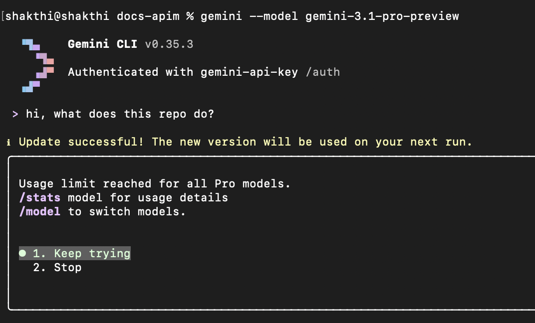 Gemini CLI terminal showing "Usage limit reached for all Pro models" error after requesting gemini-3.1-pro-preview