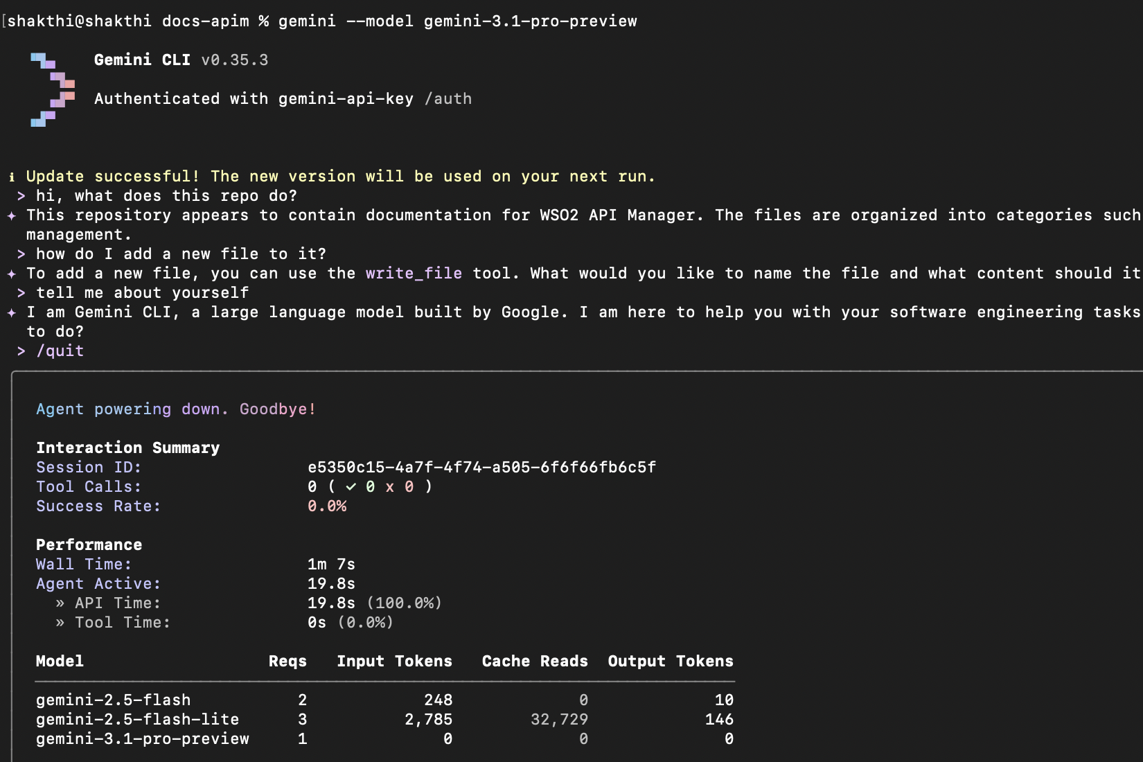 Gemini CLI terminal showing successful response with interaction summary and gemini-2.5-flash model usage statistics