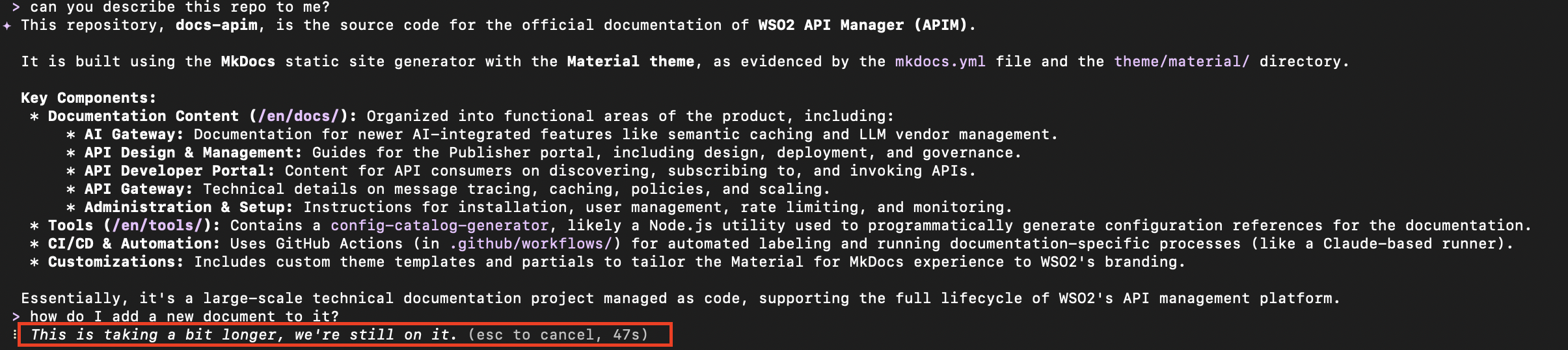 Gemini CLI terminal showing a response about WSO2 API Manager documentation repository contents