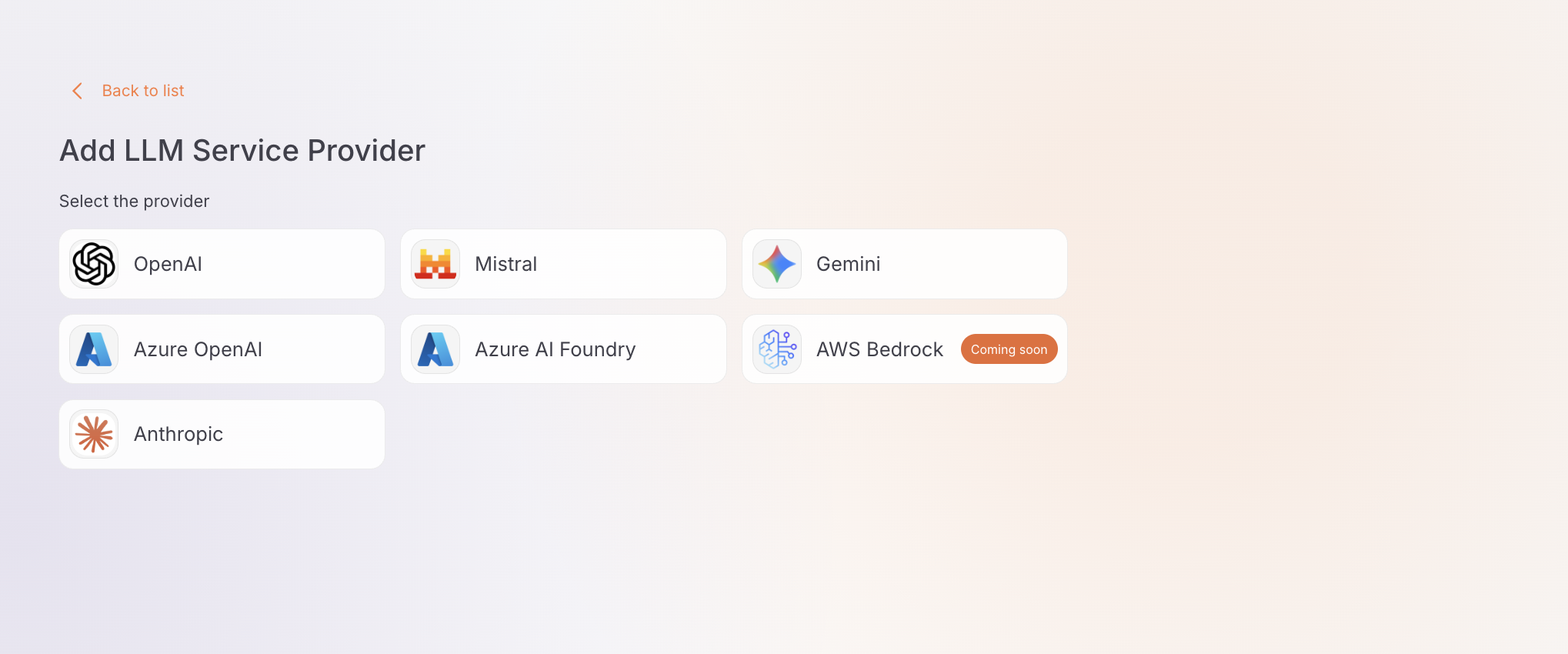 Add LLM Service Provider panel showing selectable tiles for OpenAI, Mistral, Gemini, Azure OpenAI, Azure AI Foundry, AWS Bedrock, and Anthropic