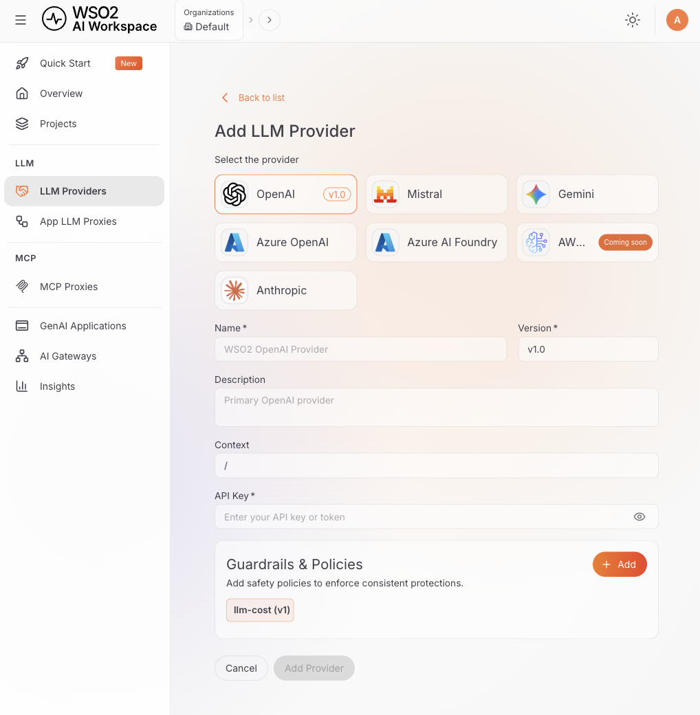 Add LLM Service Provider form with OpenAI selected, showing Name, Version, Description, Context, API Key, and Guardrails fields