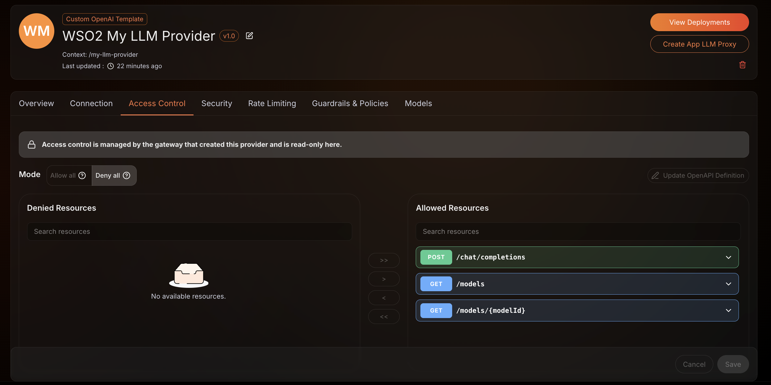 Read-only access control settings of a gateway-origin LLM provider