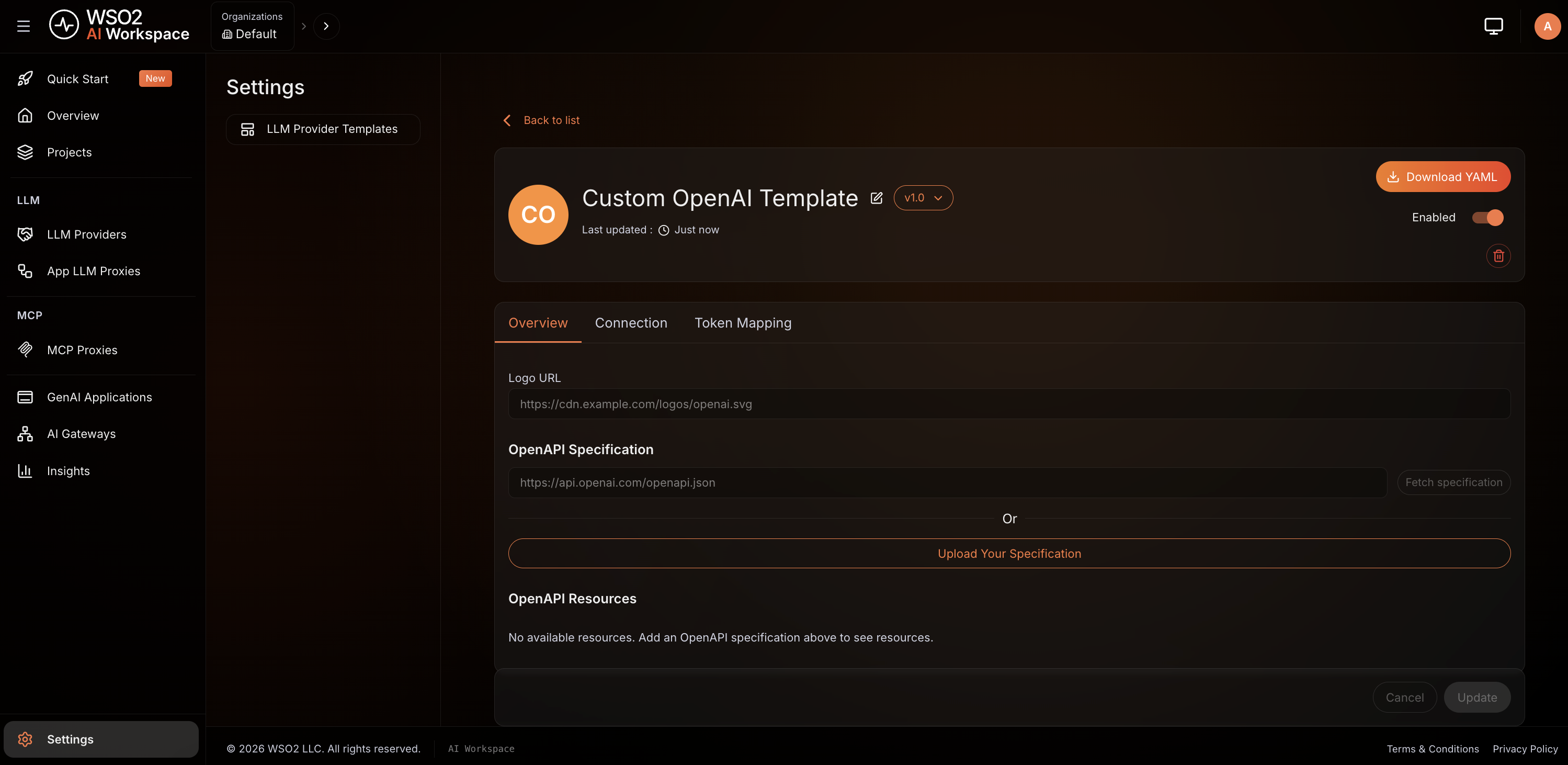 LLM provider template synced from the gateway to AI Workspace