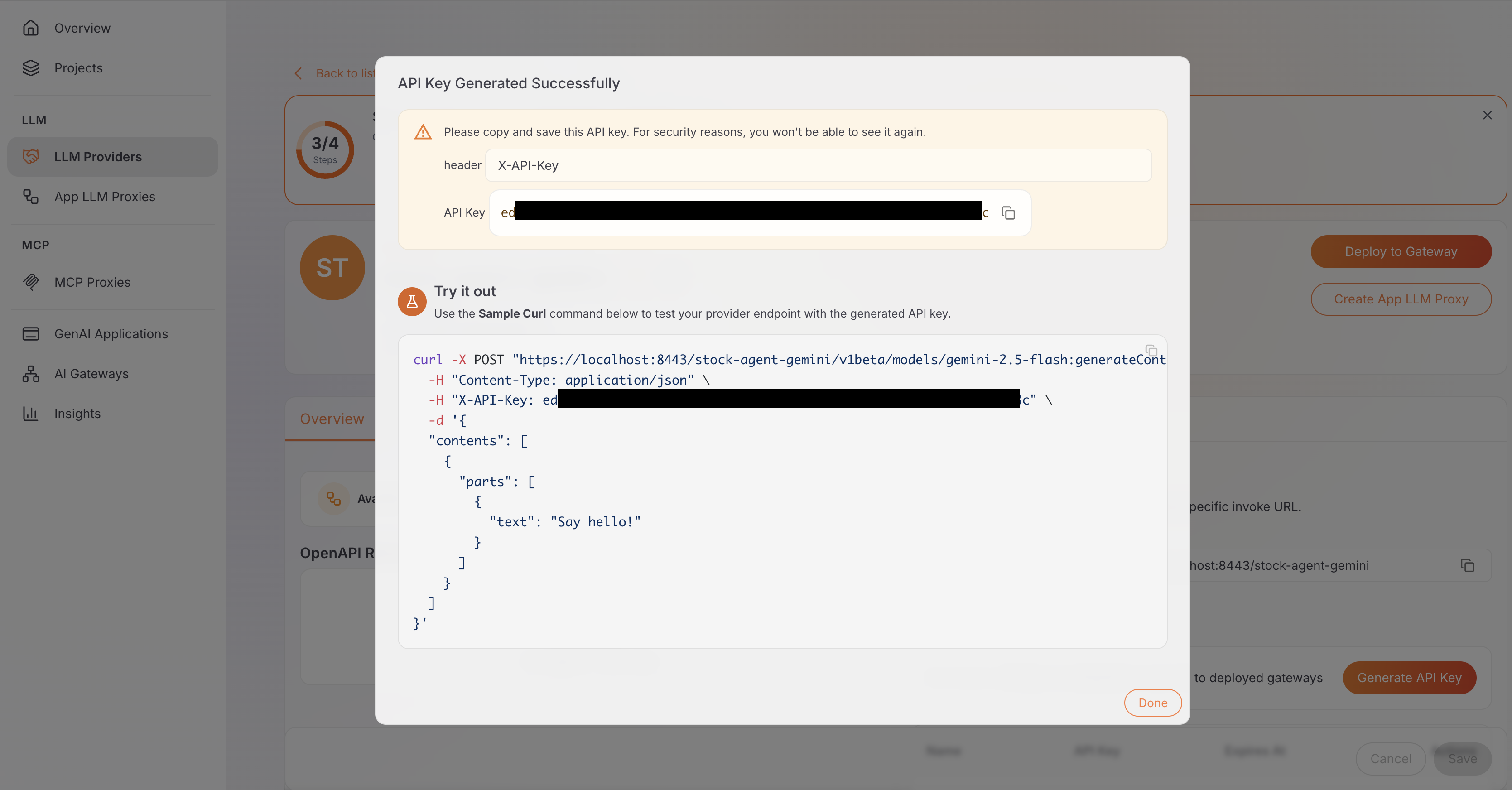 API Key Generated Successfully dialog showing the X-API-Key header name, the generated key, and a sample curl request against the provider's invoke URL