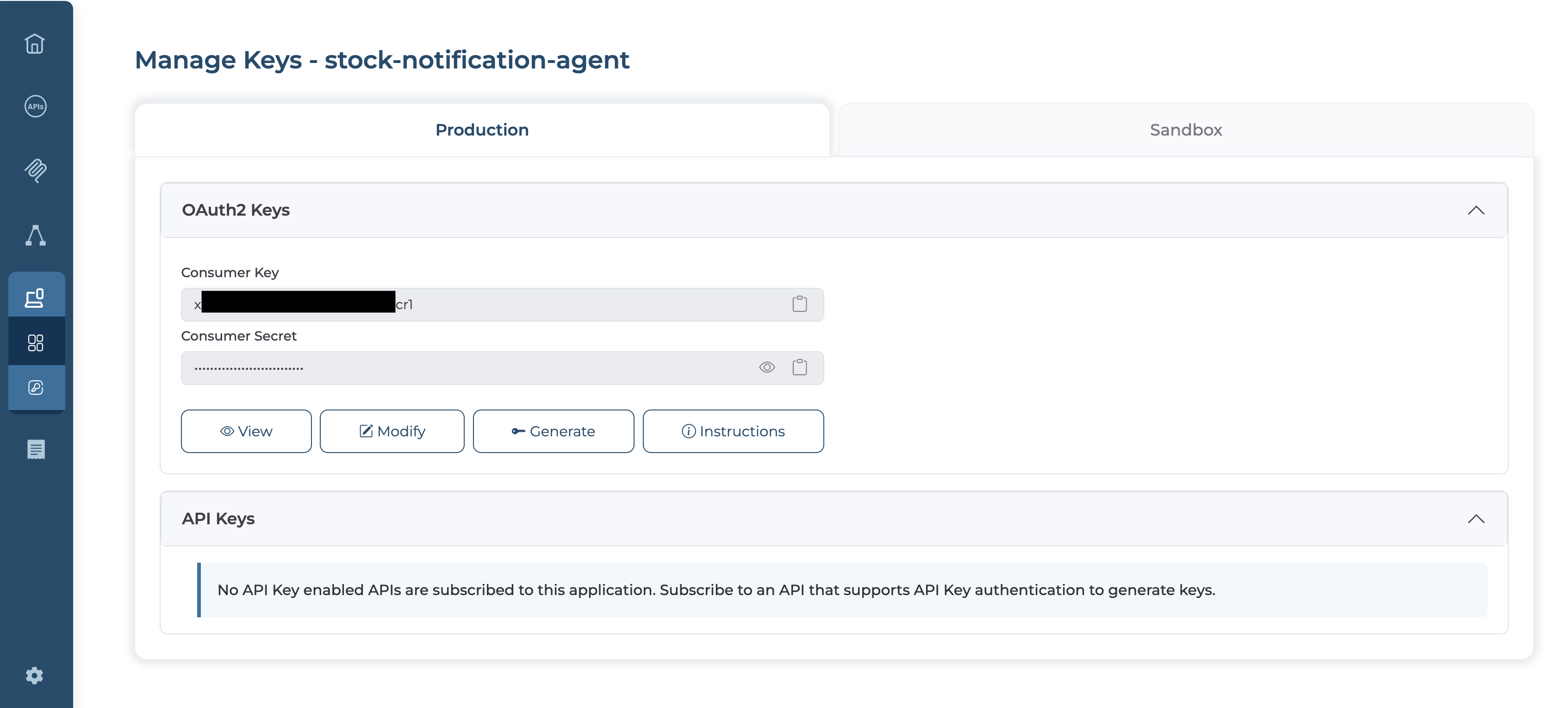 Manage Keys page for the application showing the OAuth2 Keys card with a generated consumer key and secret