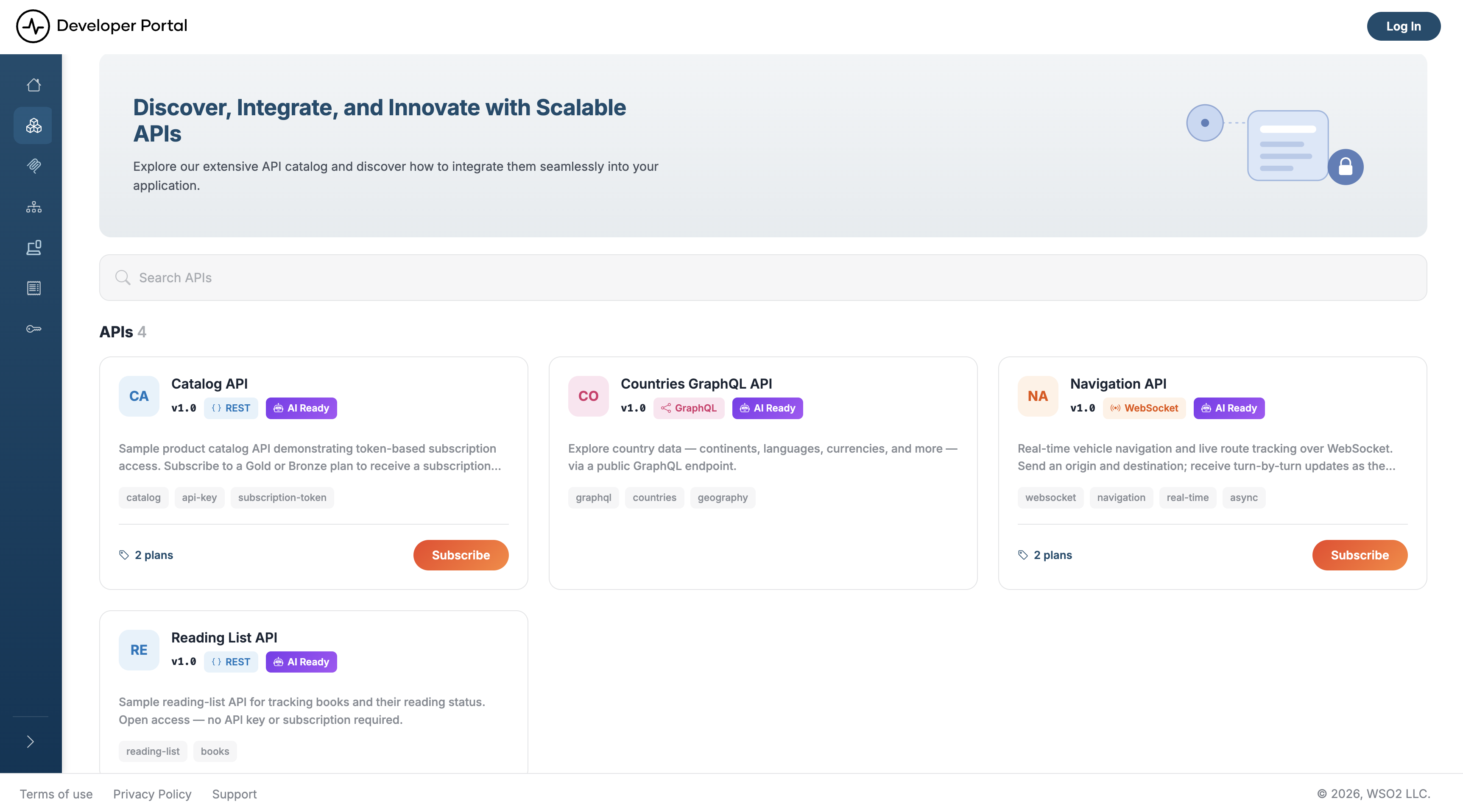 API listing page with a search bar and four API cards, each showing type badges, tags, plan count, and a Subscribe button