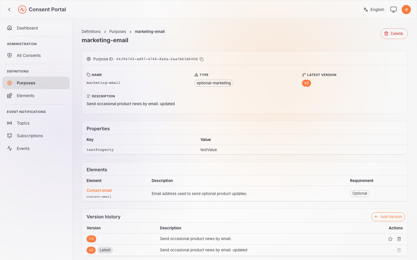 Purpose details page with the Purpose ID and its Contact email element