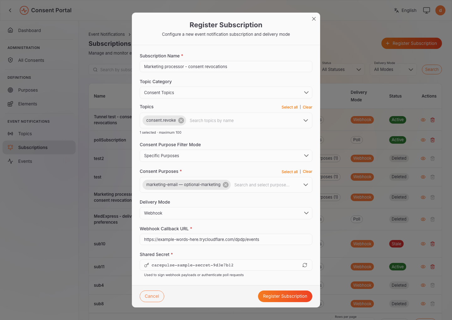 Register Subscription dialog filled in for consent.revoke with the marketing-email purpose