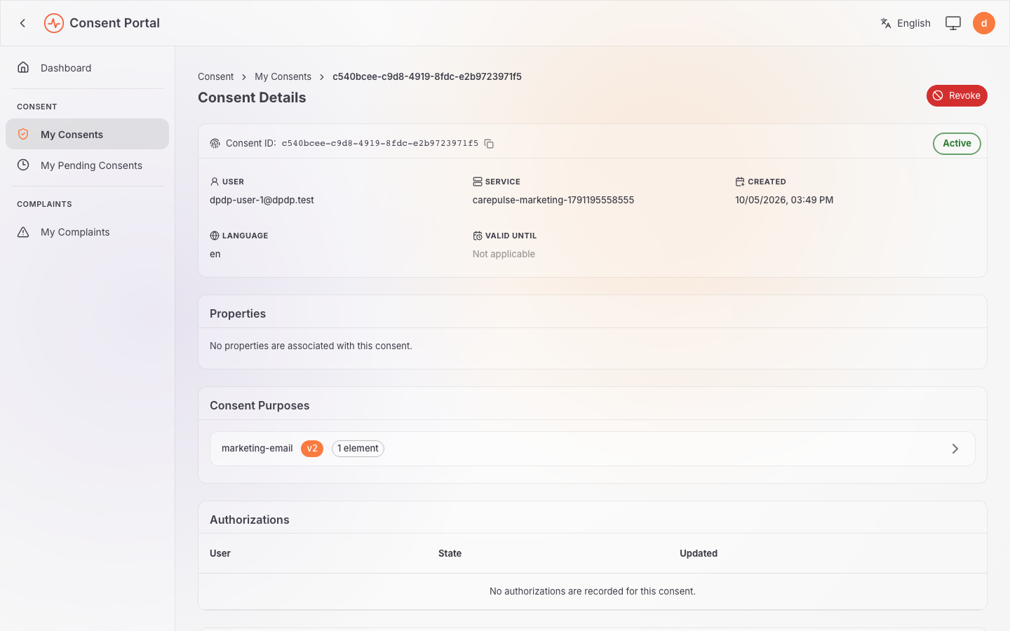 Consent details page for an active marketing-email consent with the Revoke button