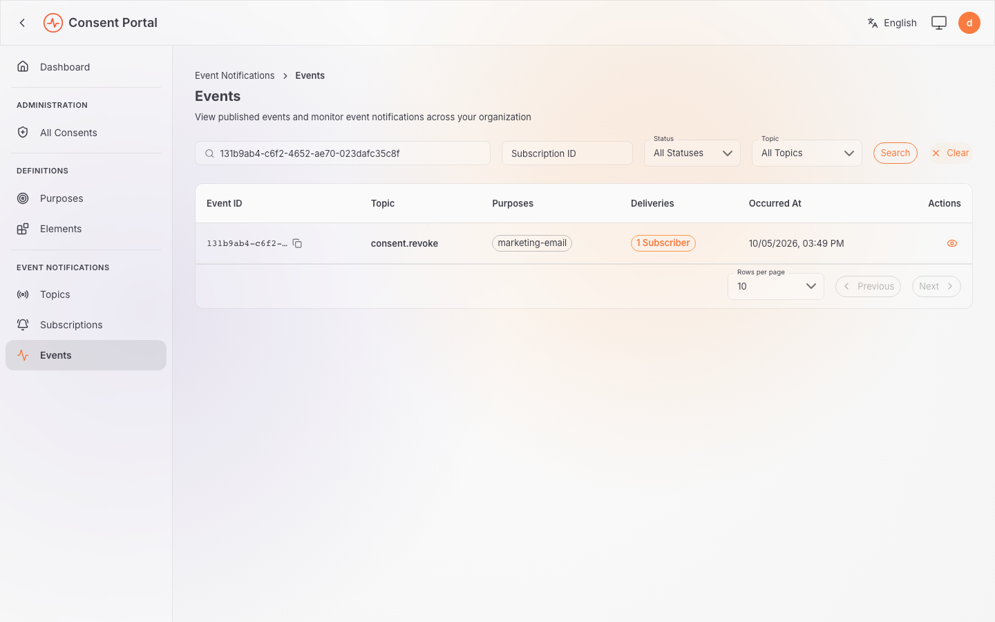 Events list showing the consent.revoke event for the marketing-email purpose with one subscriber