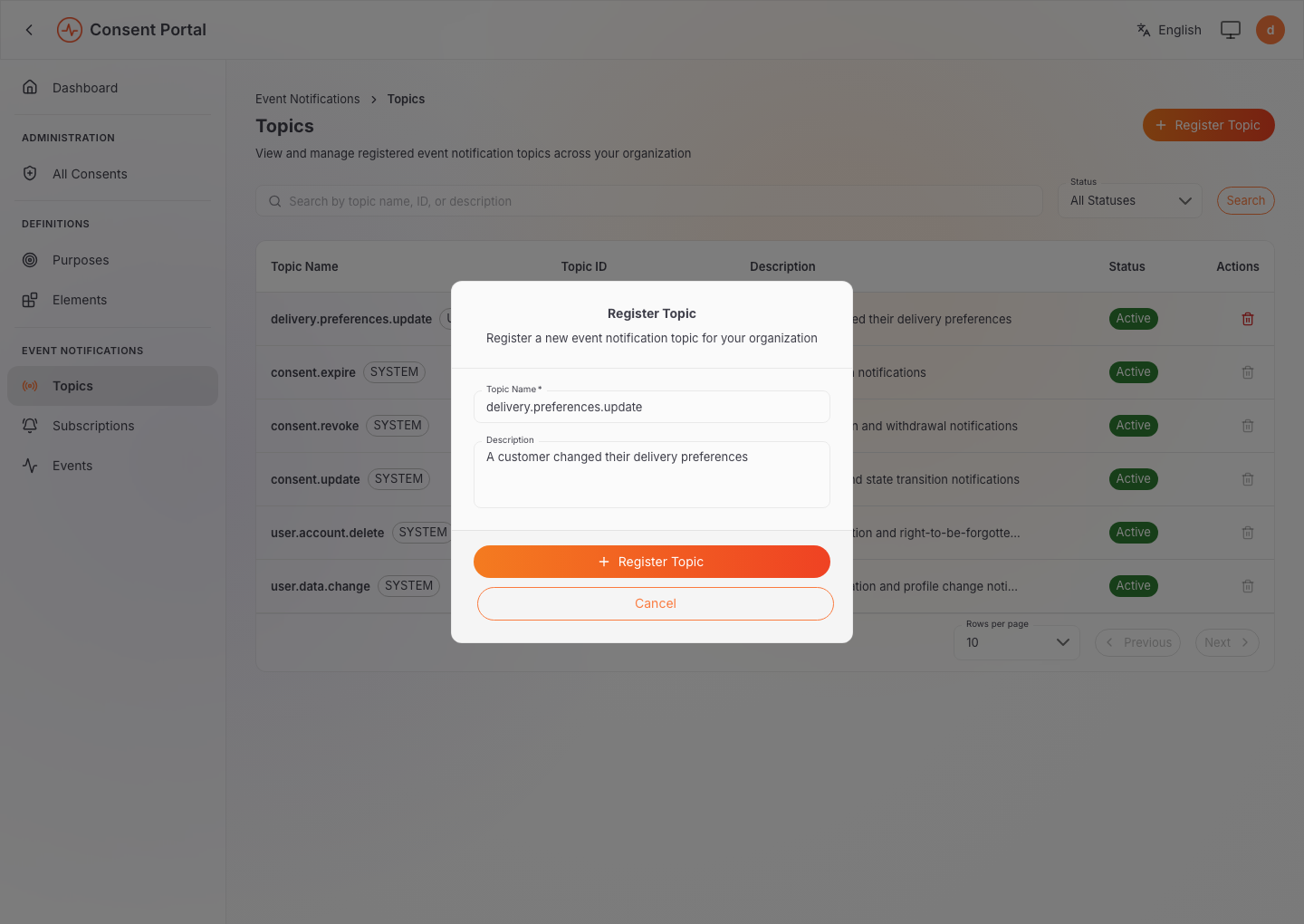 Register Topic dialog for delivery.preferences.update