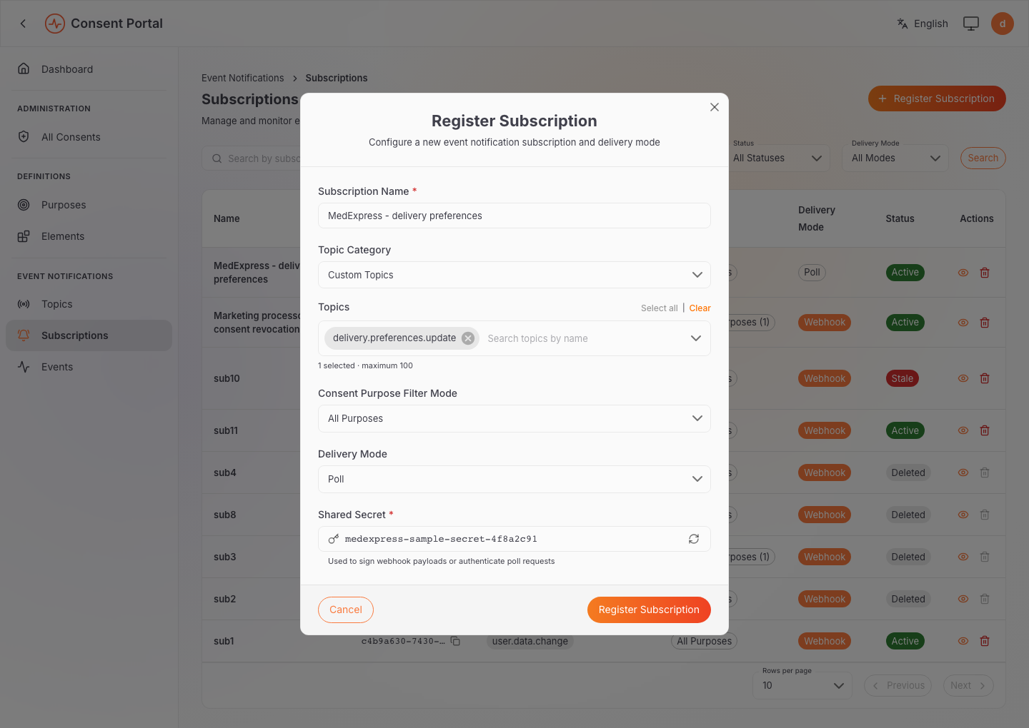 Register Subscription dialog for a poll subscription with the sample shared secret