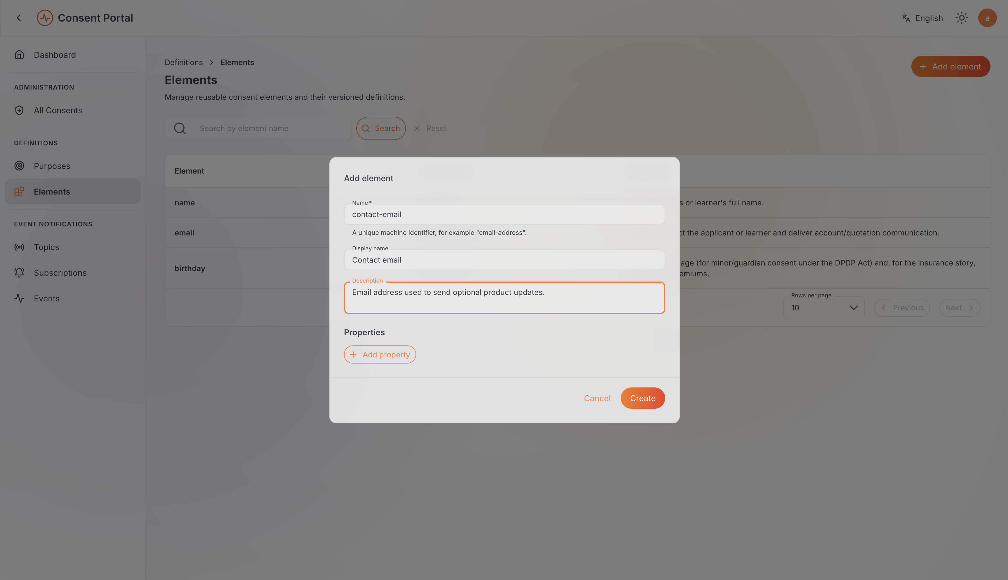Add Element dialog filled in with the contact-email example