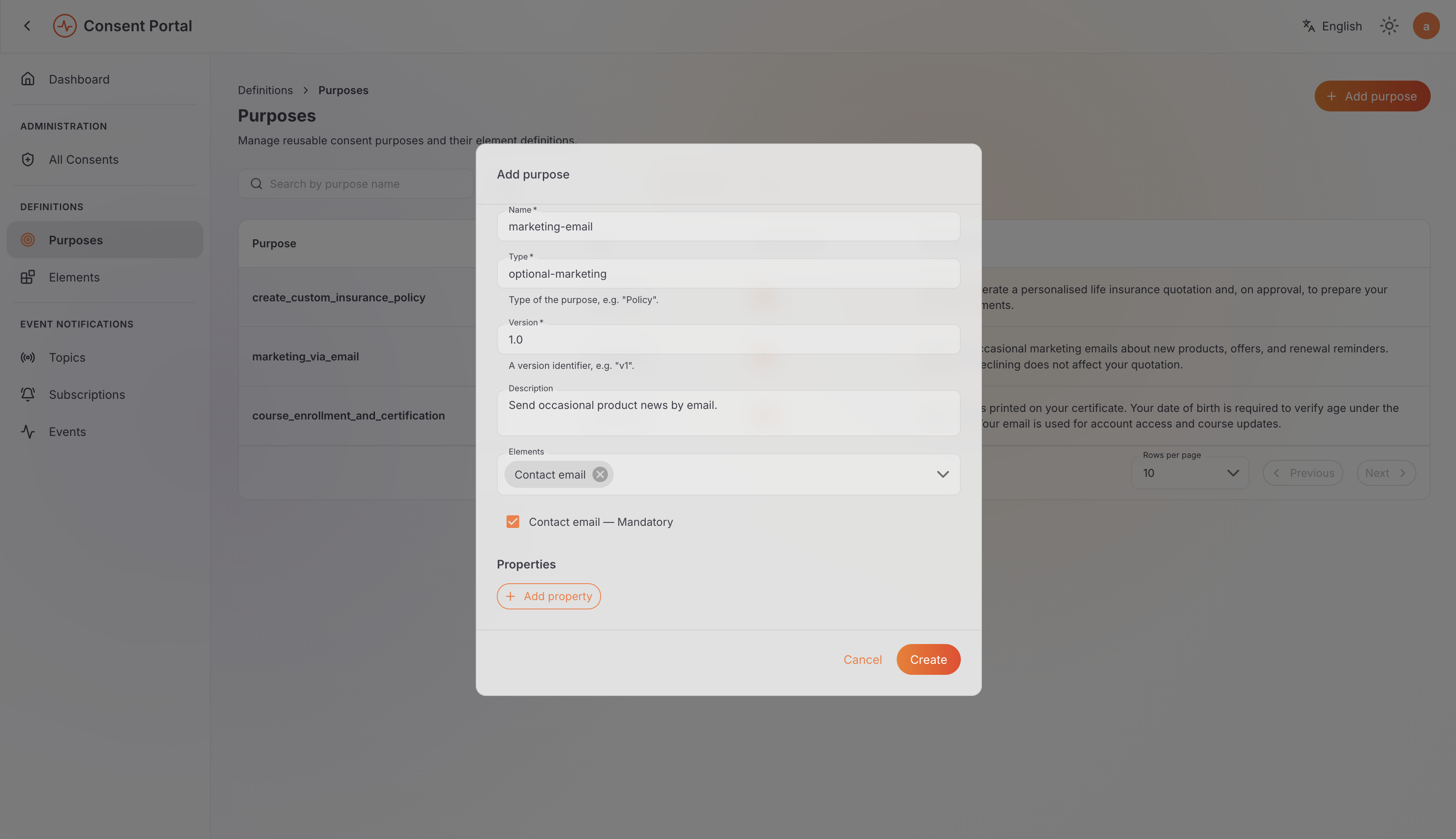 Add Purpose dialog with the contact-email element associated