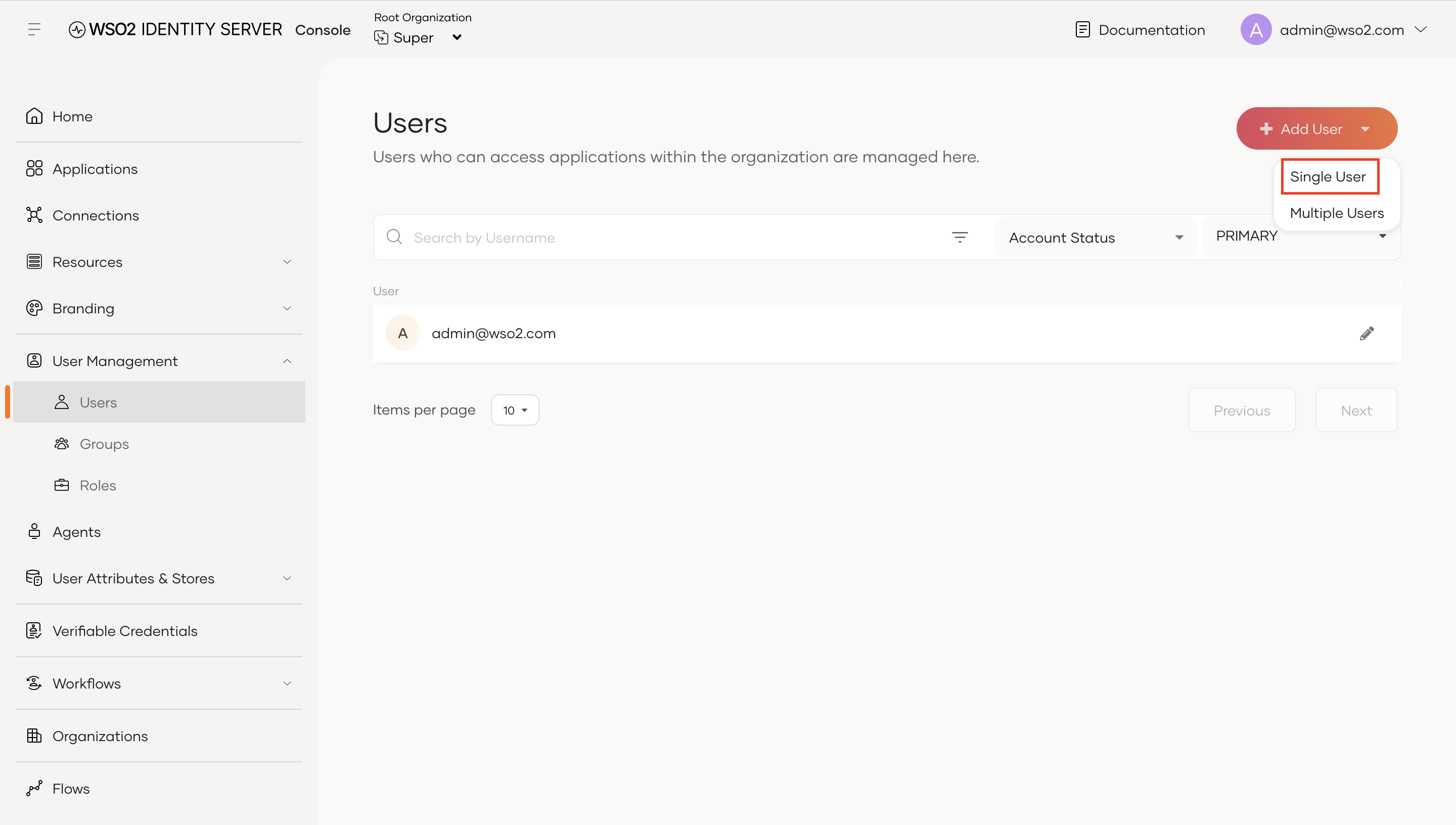 Click Add User and select Single User
