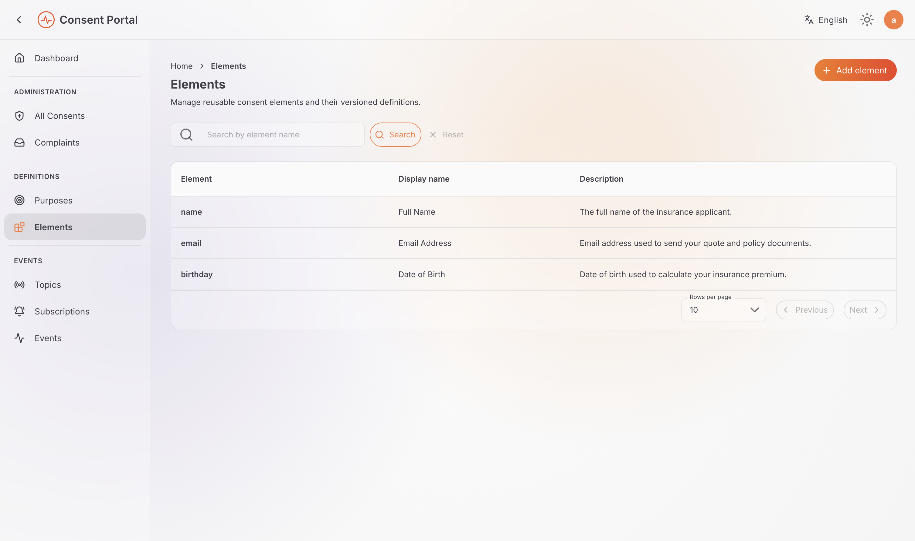 Elements list showing reusable consent elements and their descriptions