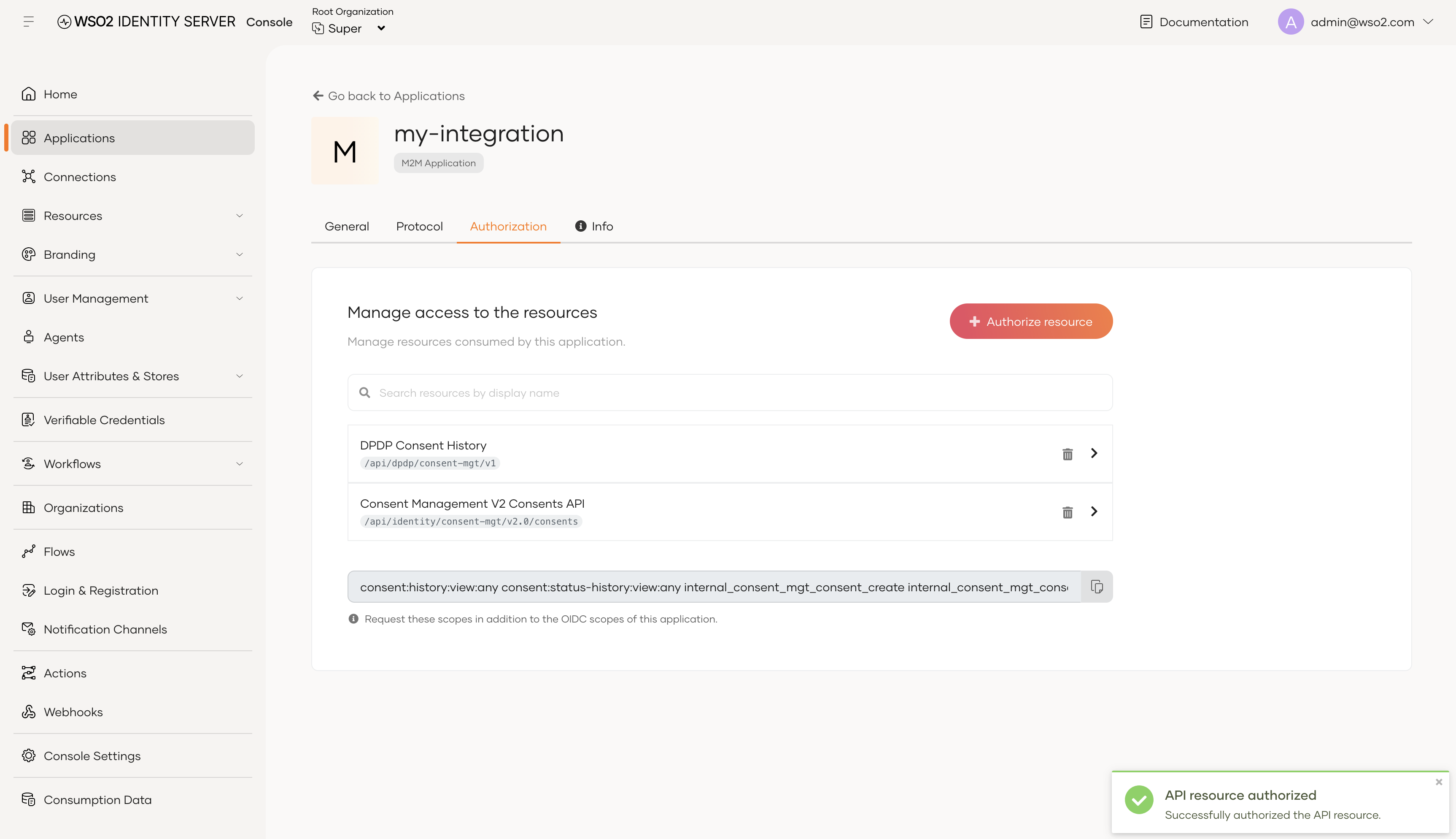 API Authorization tab listing the newly authorized resources after a successful authorization