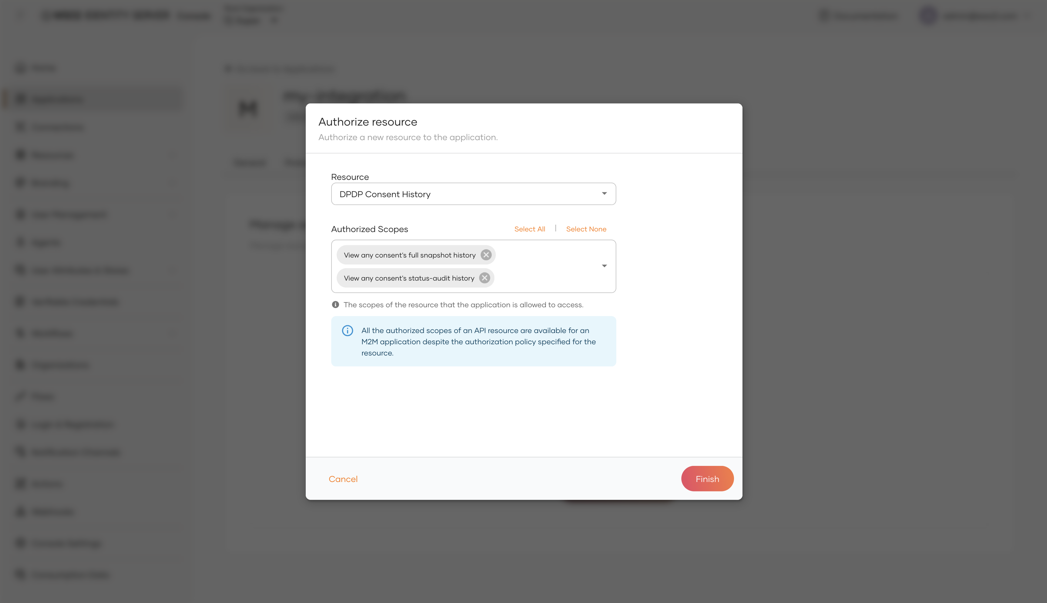 Authorize resource dialog with the DPDP Consent History resource and its scopes selected