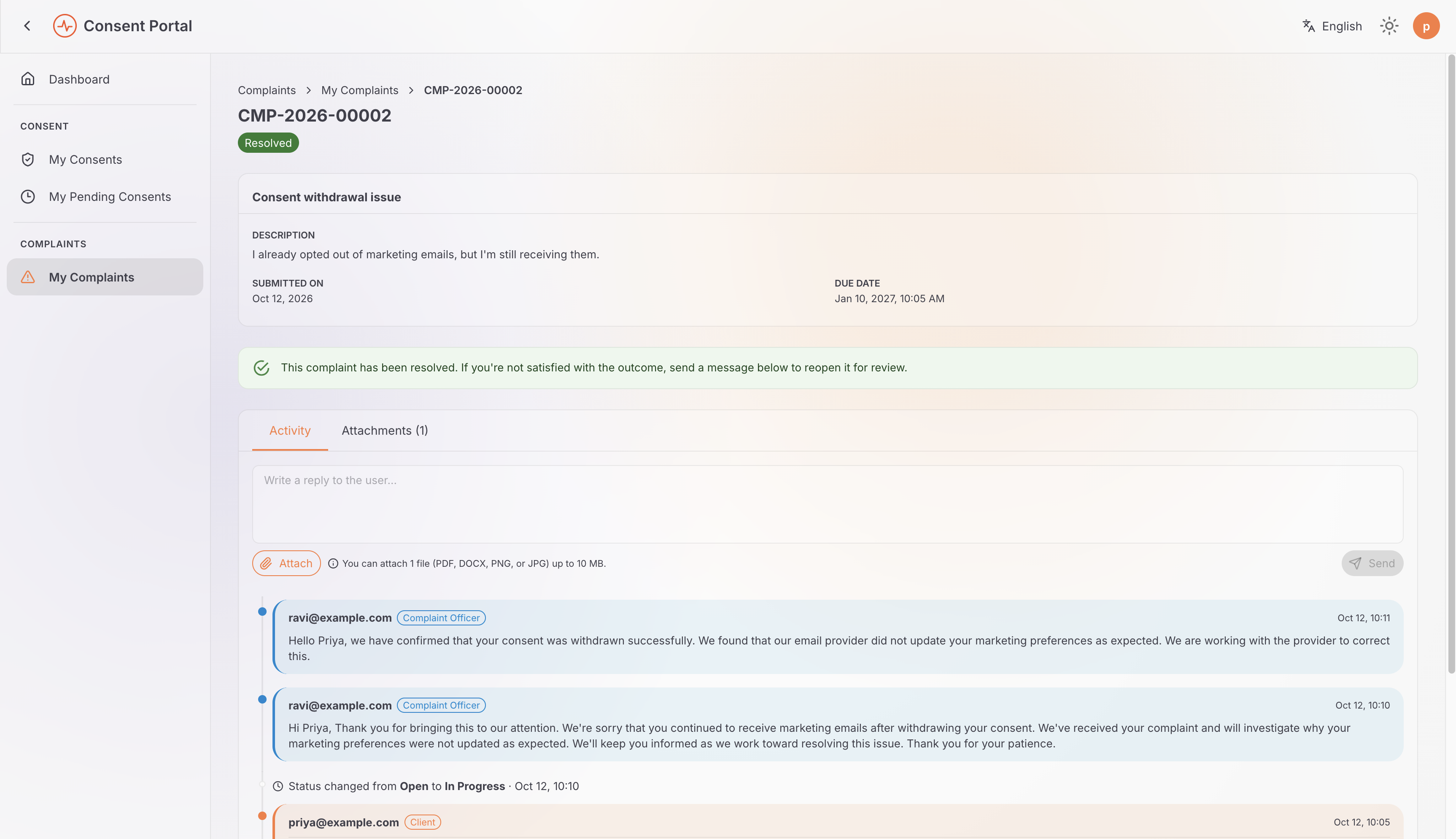 Priya's view of the resolved complaint, showing only the public replies and a banner explaining how to reopen it