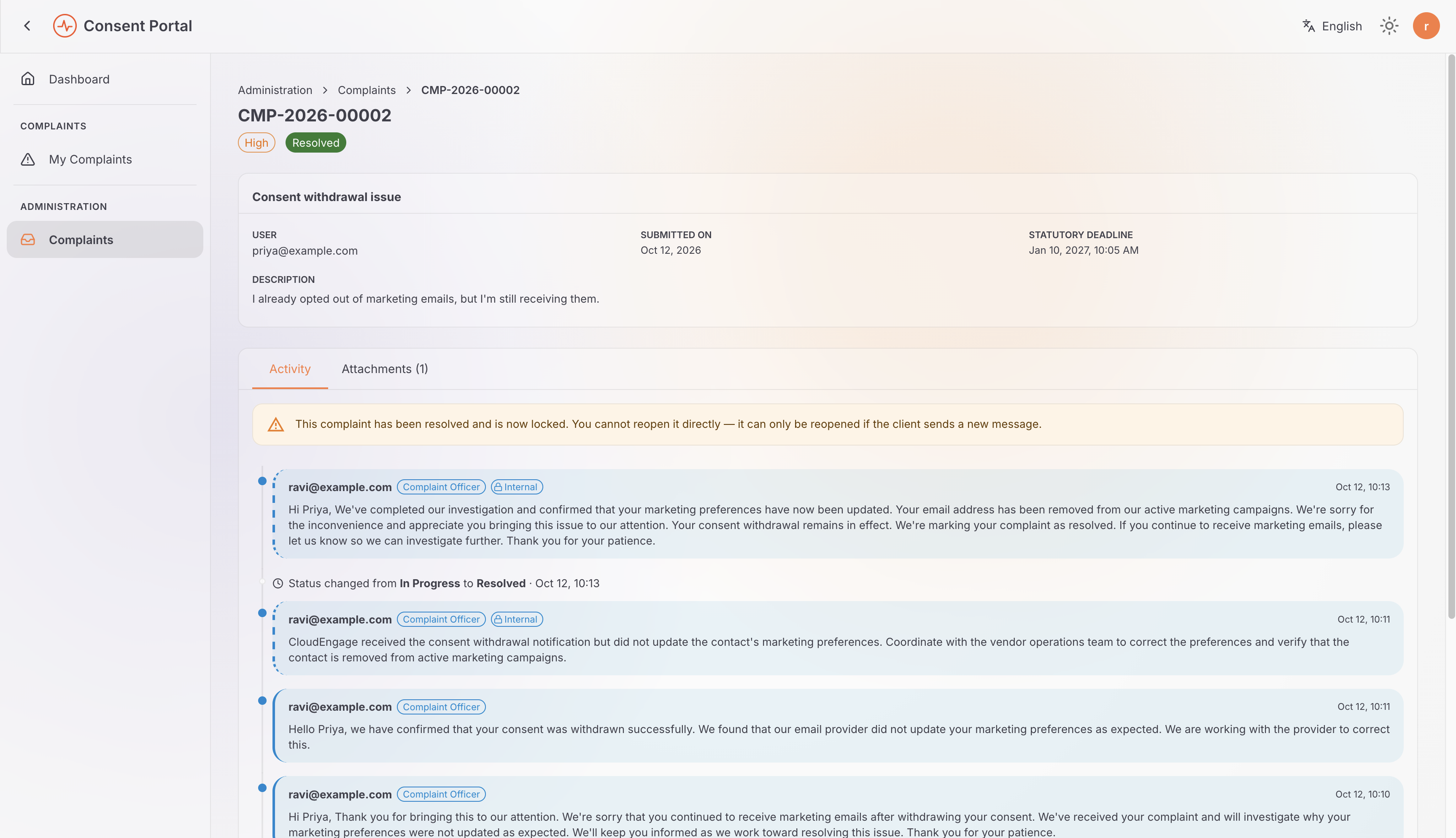 Complaint Officer's activity view showing both internal notes and public replies on the same complaint