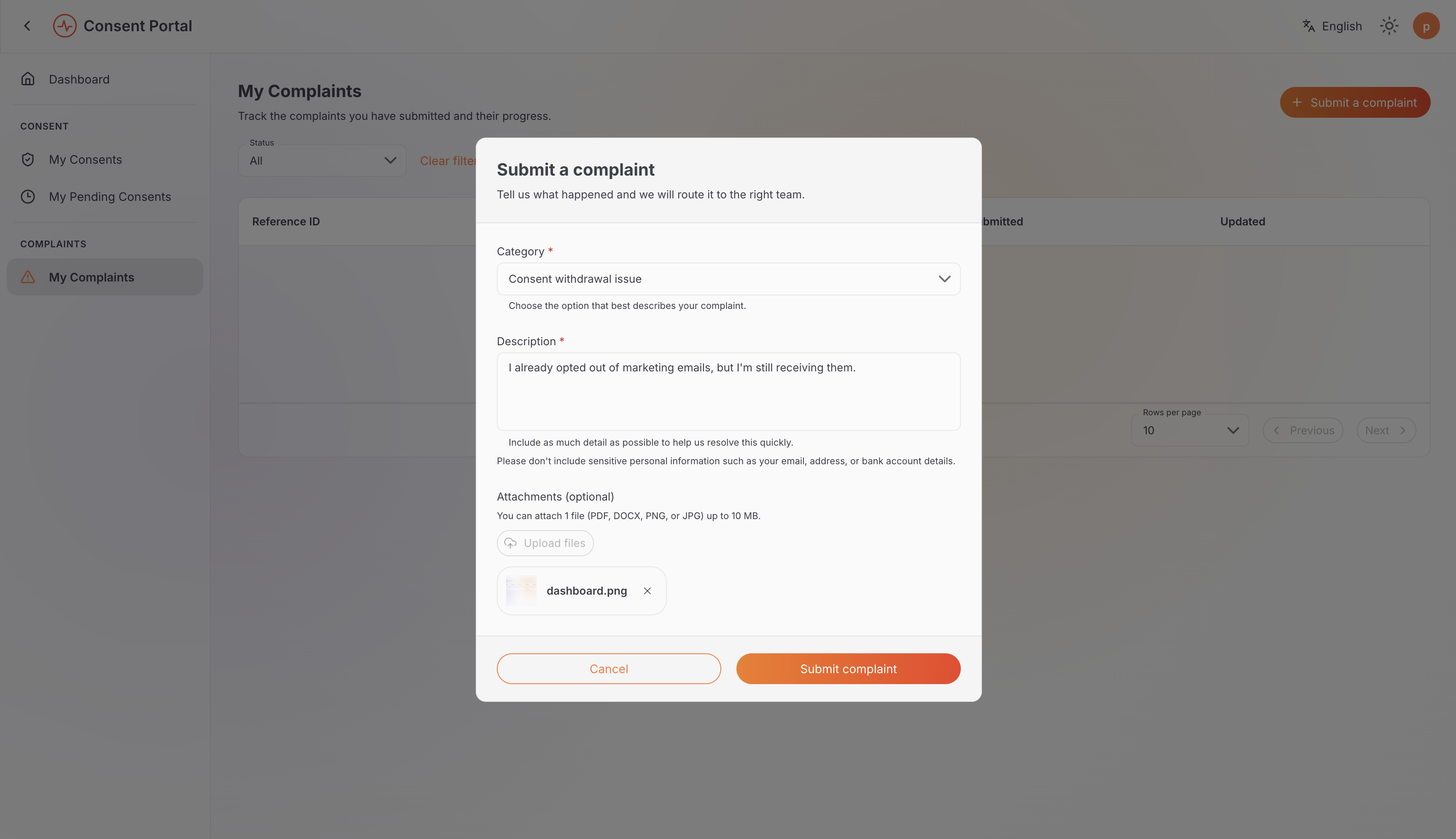 Submit a complaint dialog with Consent Withdrawal Issue selected, a description, and an attached screenshot