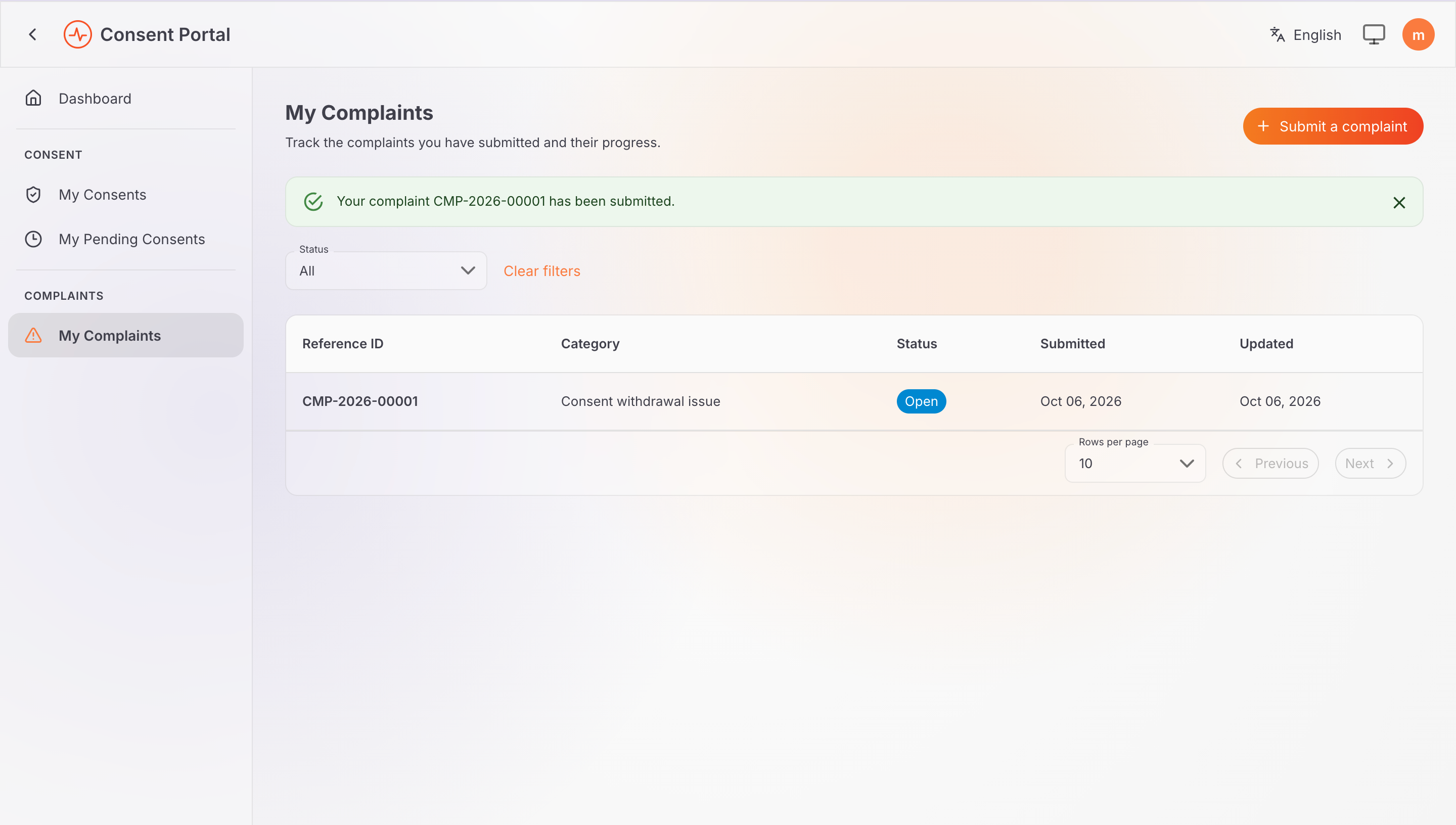 Complaint submitted confirmation and table entry