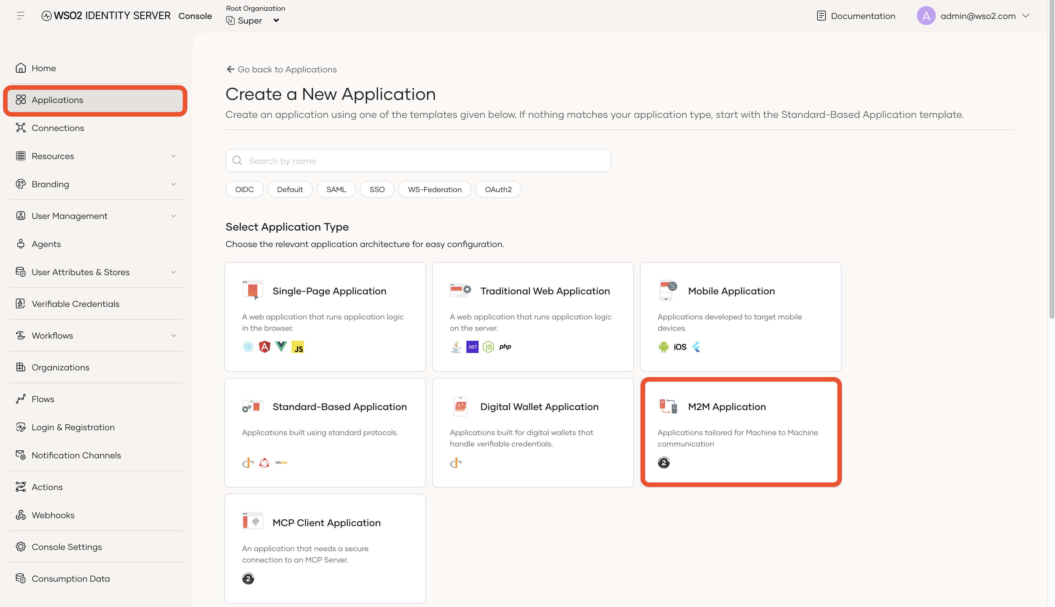 Create a New Application page with Applications selected in the navigation and M2M Application highlighted