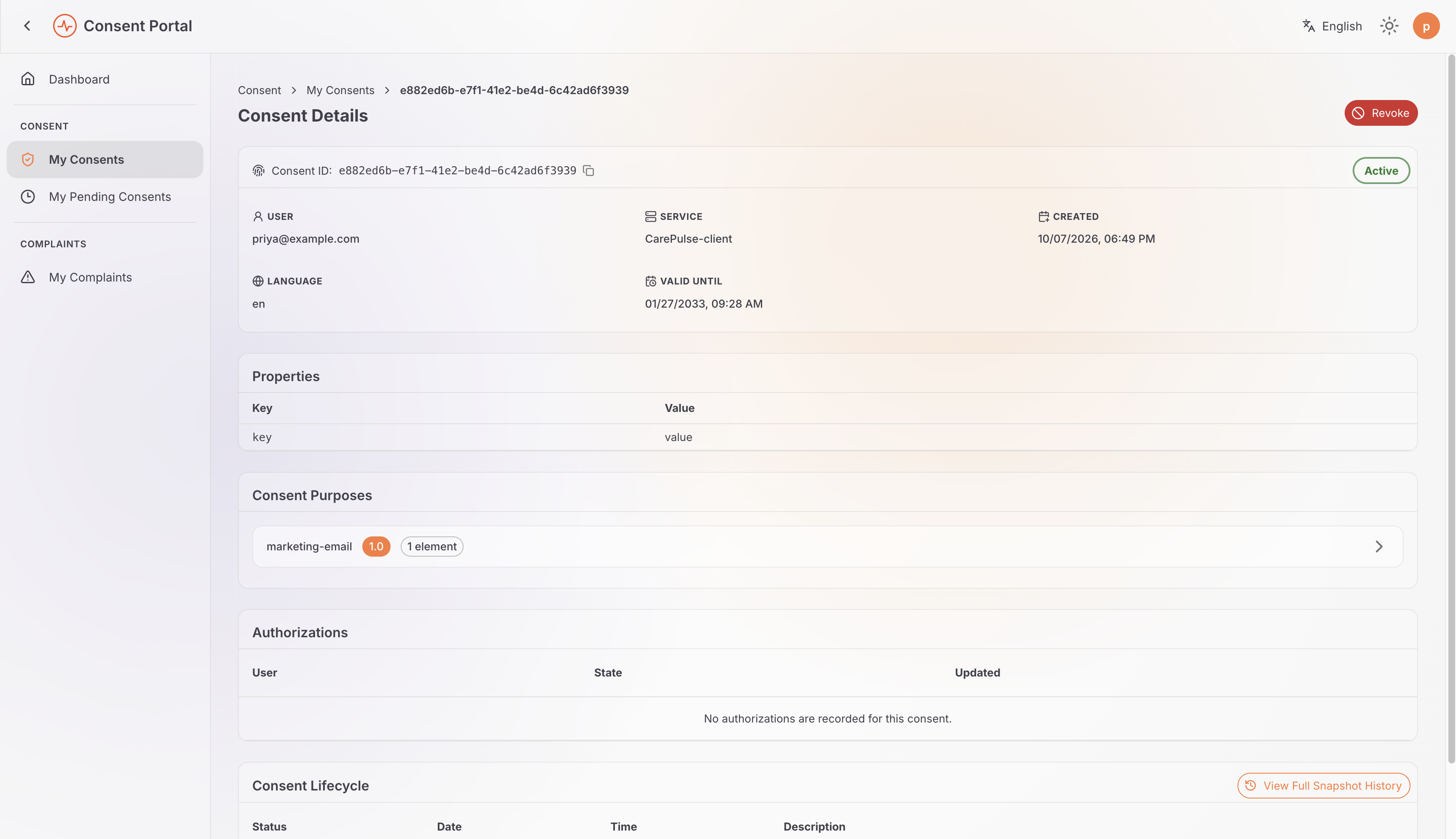 Direct Consent detail, Active, with Revoke available to the Data Principal