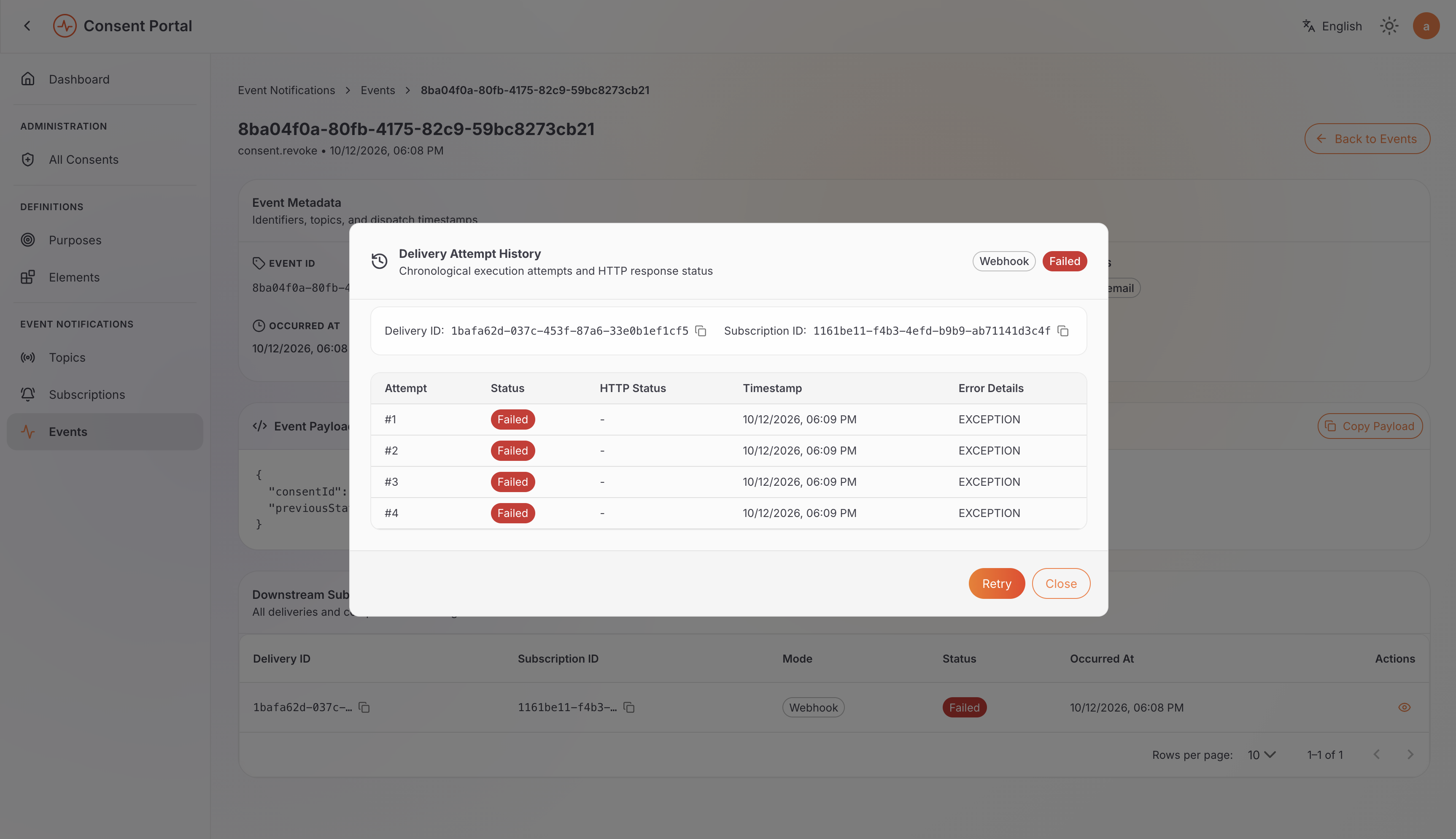 Delivery attempt history showing four failed attempts, each marked EXCEPTION, with a Retry button