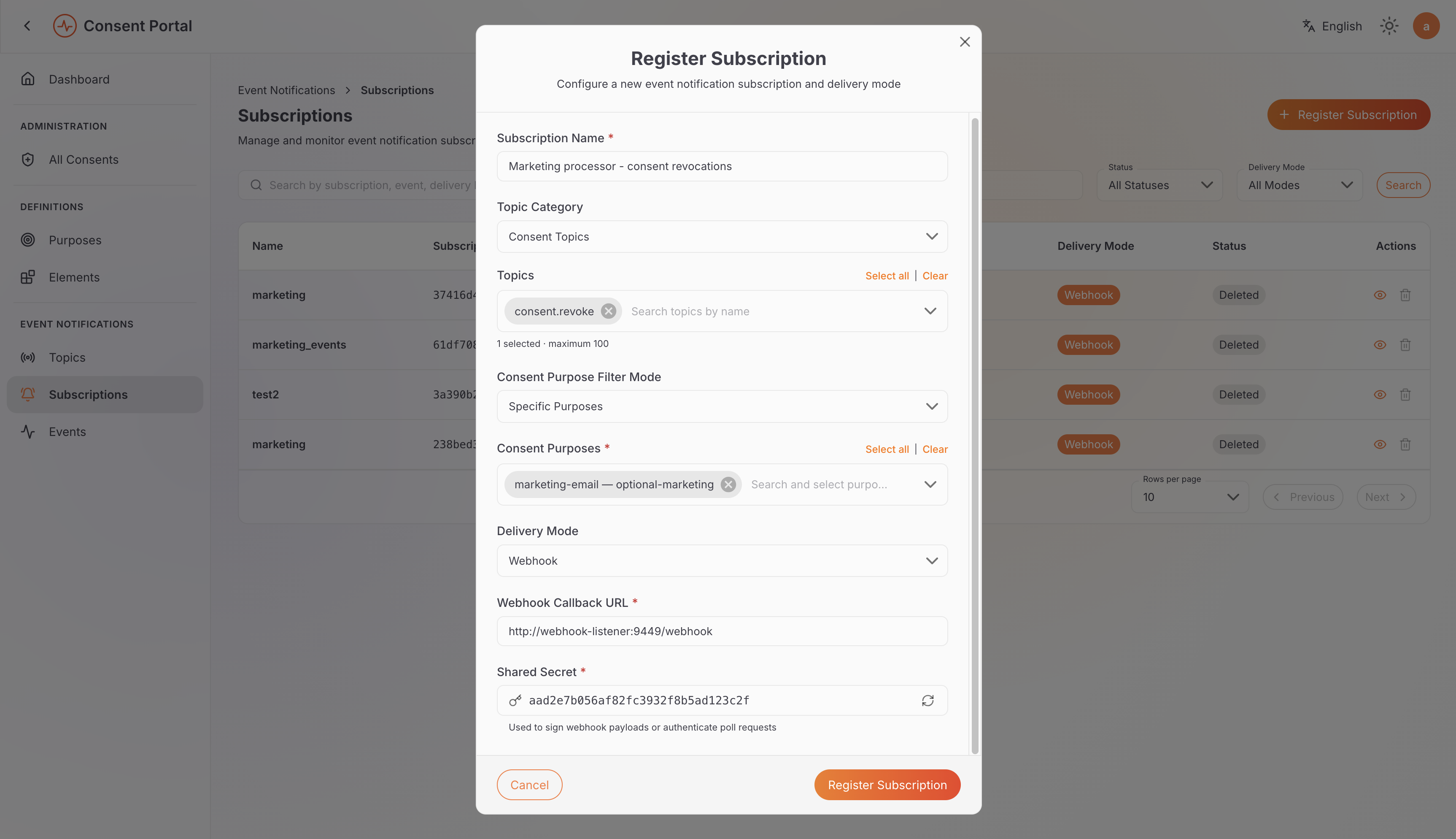 Register Subscription dialog filled in with the consent.revoke topic, the marketing-email purpose filter, a webhook callback URL, and a shared secret