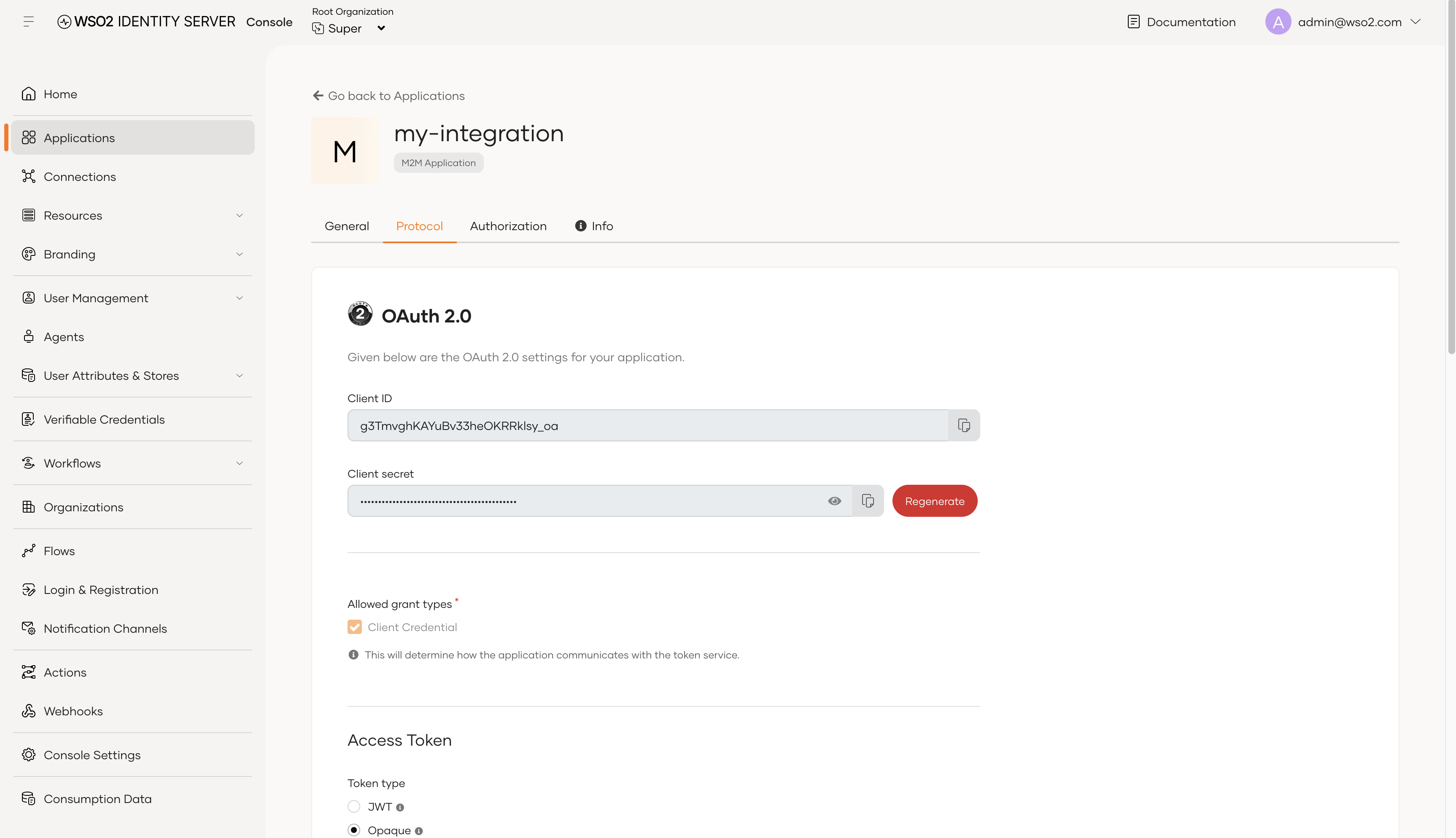 Application Protocol tab showing the Client ID and Client Secret fields