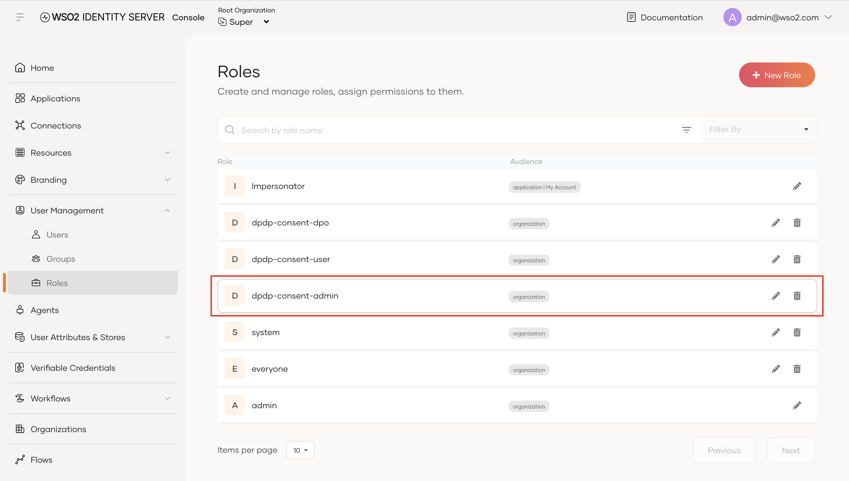 Navigate to User Management > Roles and select a role