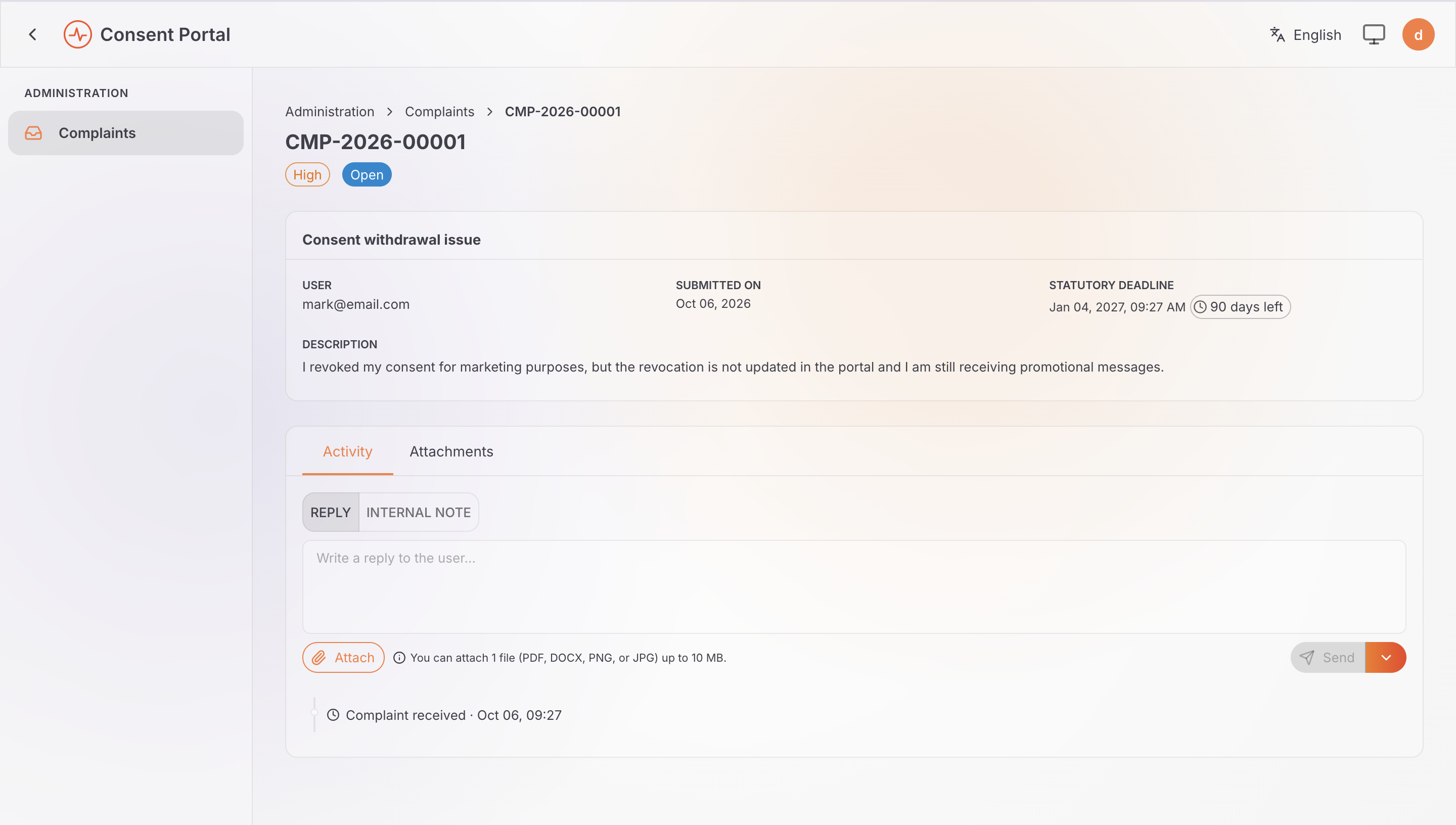 Complaint Officer case view with Reply and Internal Note options