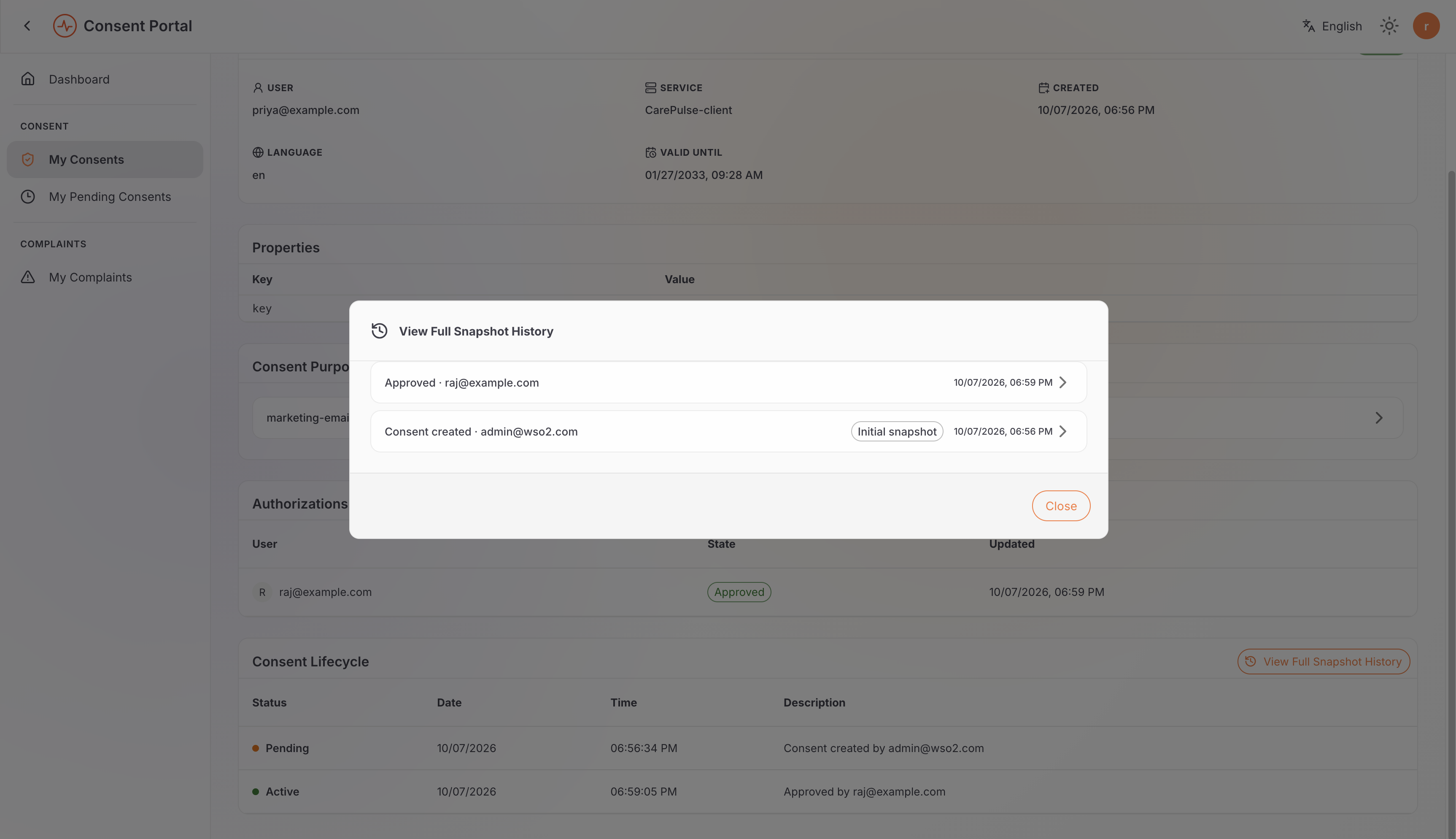 Full snapshot history showing the consent created by admin and approved by Raj