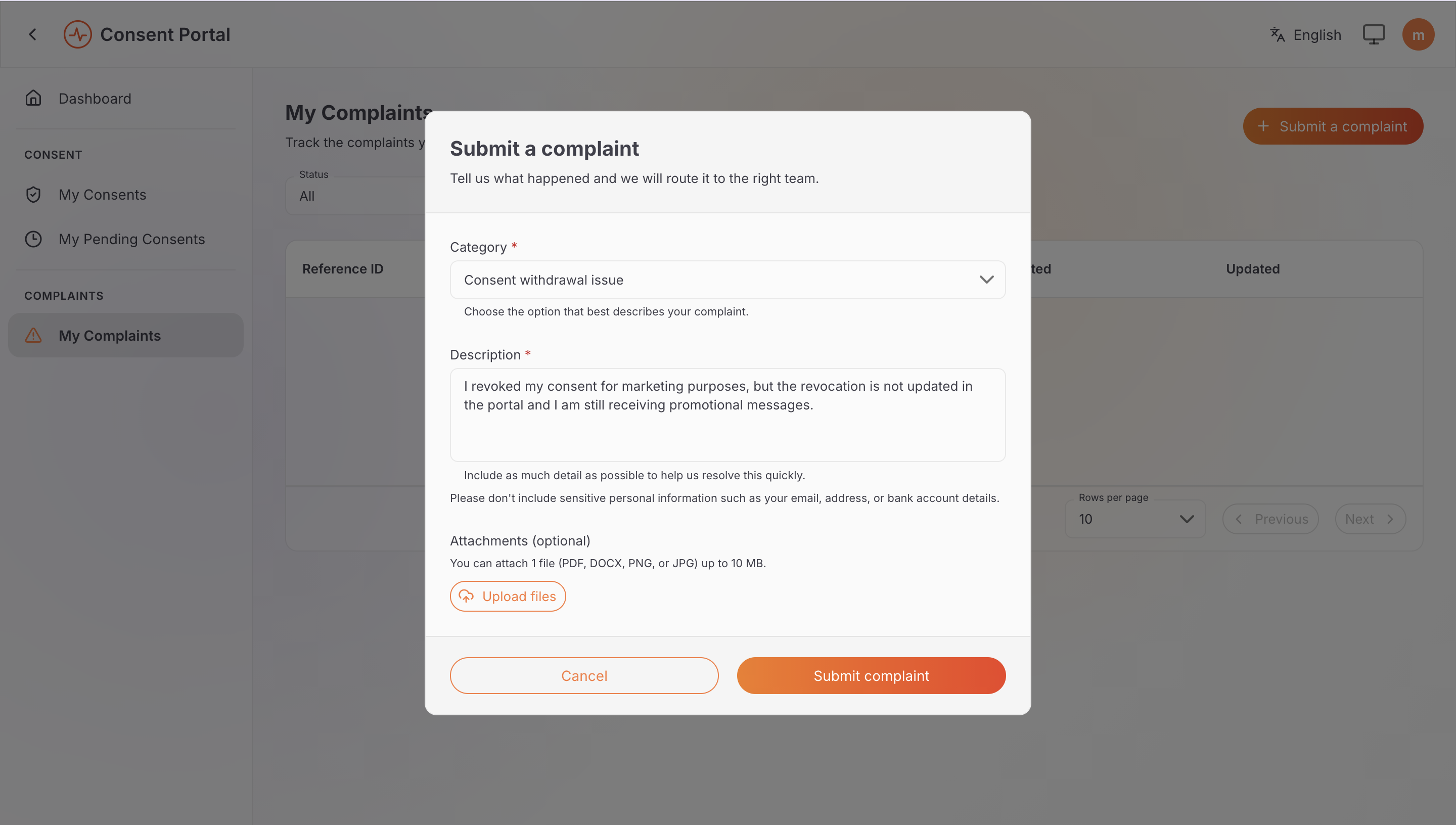 Submit a complaint dialog